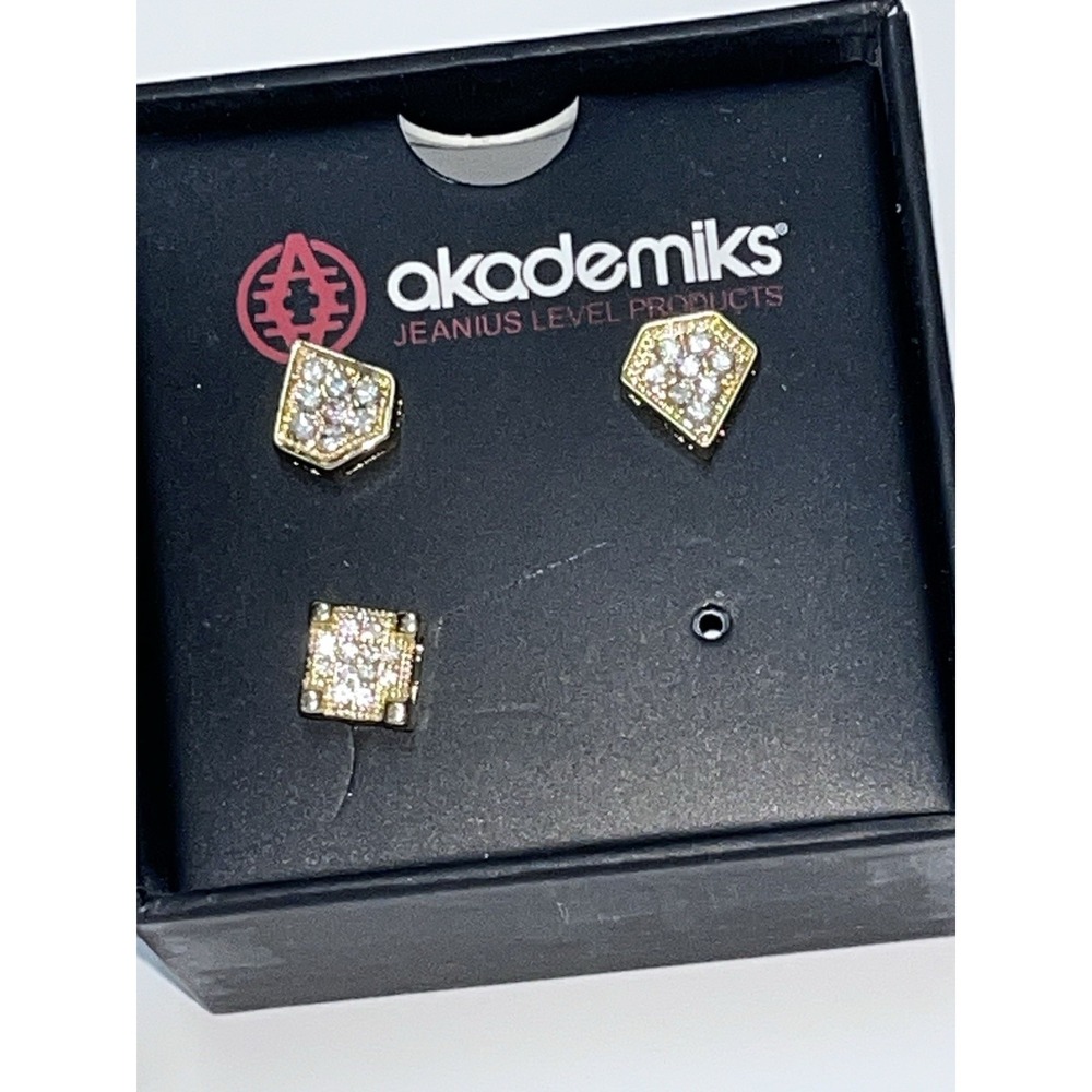 Akademiks Gold Tone CZ Stud Earrings 1 Pair + 1 Single Hip Hop Boxed
